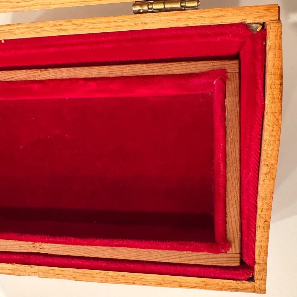 Vintage Wooden Jewelry Box Hinged Hidden Drawer Design Folk Art Detail‎